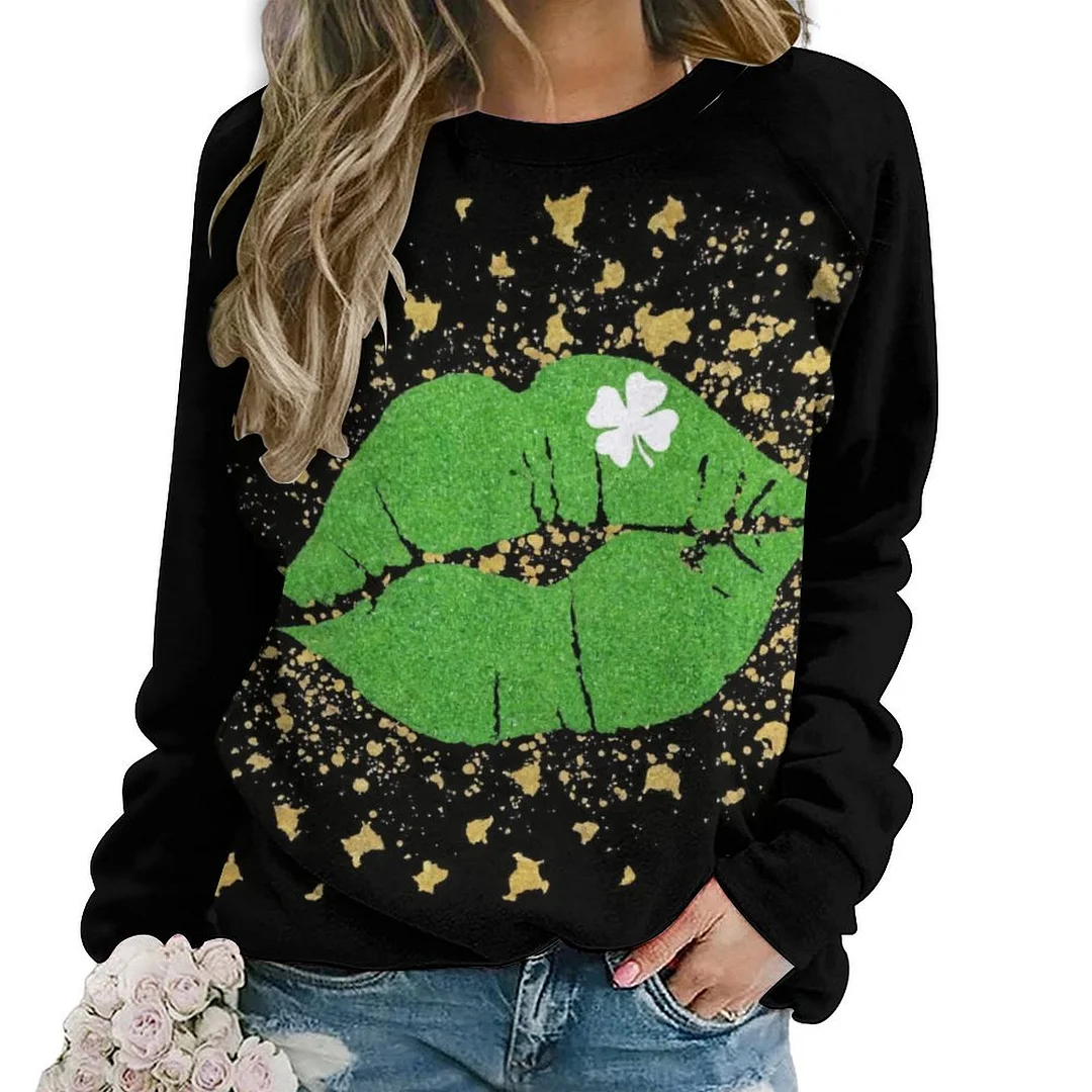Printed Long Sleeve Casual Sweatshirt for  Women and Men Unisex Pattern St. Patrick's Day, Green, Clover, Lucky