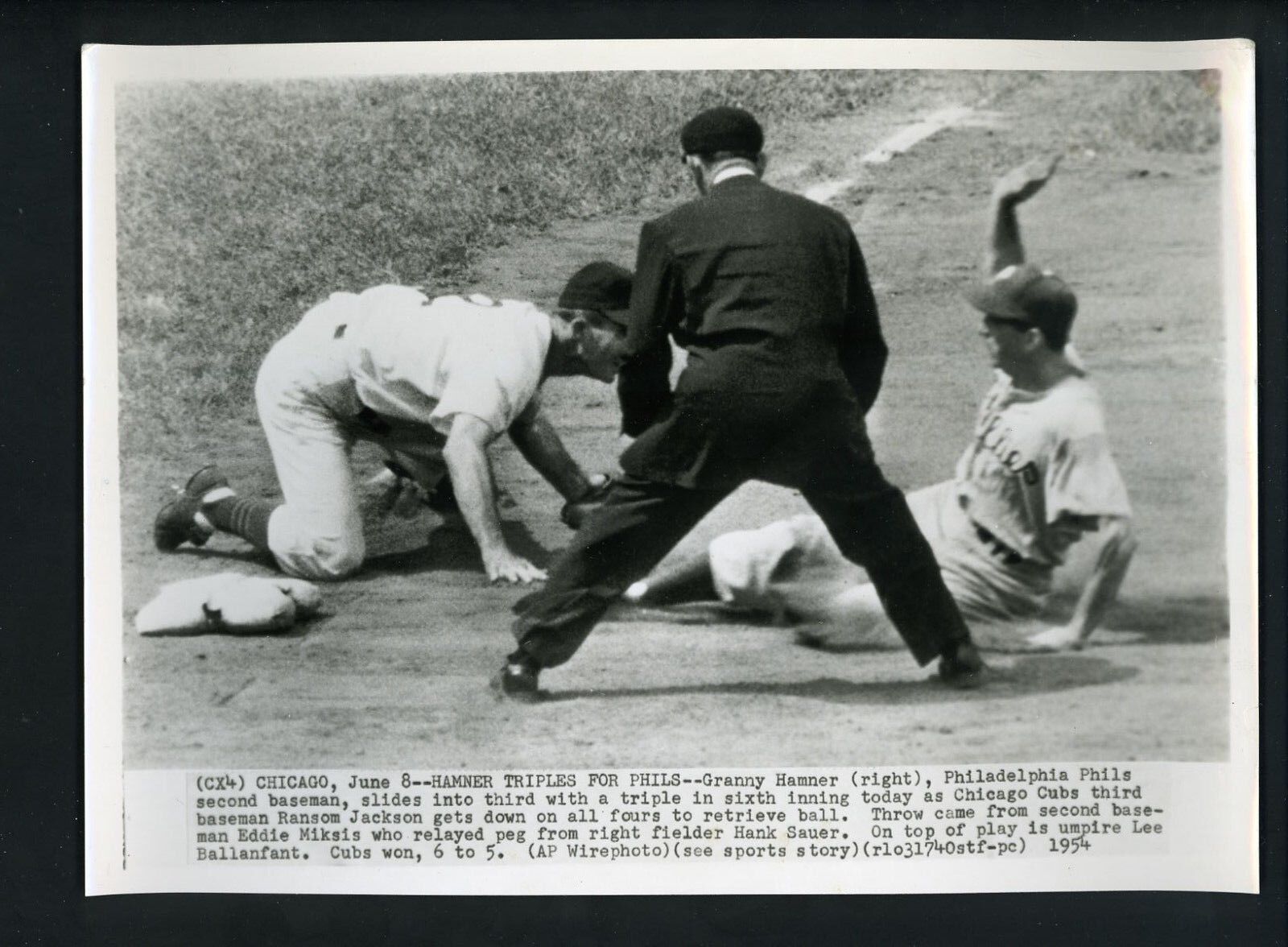 Granny Hamner Randy Jackson Umpire Lee Ballanfant 1954 Press Photo Poster painting Phillies Cubs