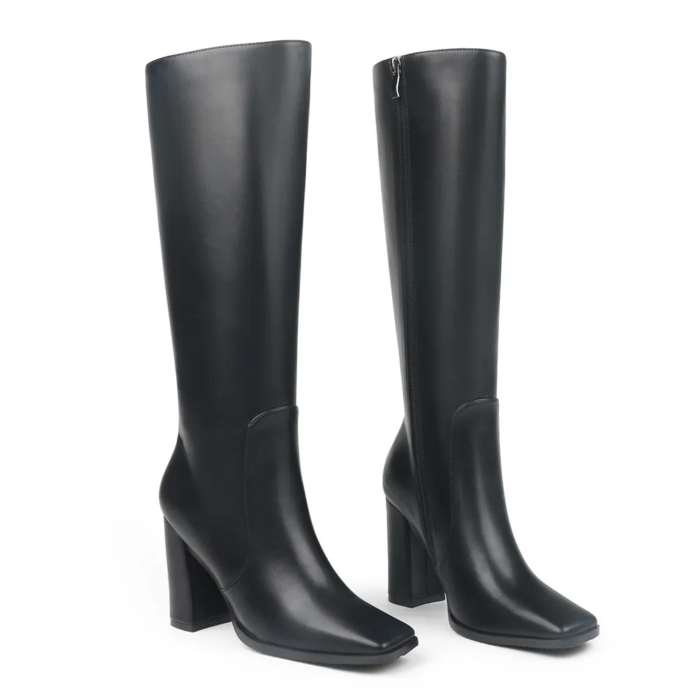 95mm/3.74 Women's Knee High Boots Chunky Heels Square Toe Boots Go Go Boots with Side Zipper-vocosishoes