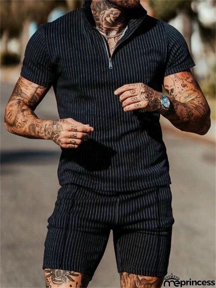 Men's Vertical Stripe Short Sleeve Pullover Loose Sets for Holiday