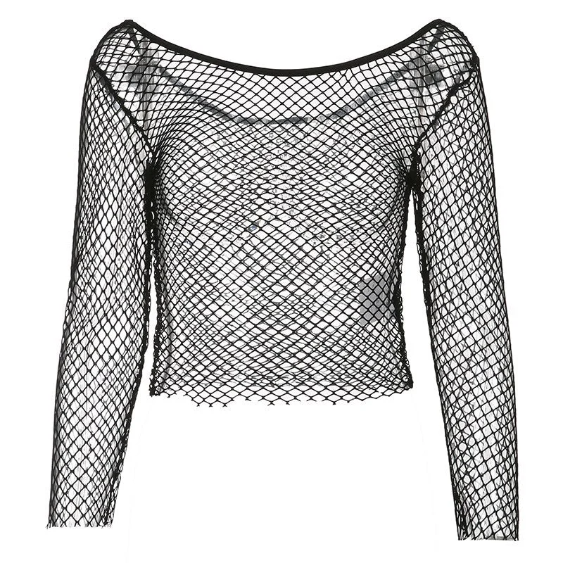 Graduation Gifts  Dark Hollow Out Fishnet Cropped T Shirt Women 2022 Gothic See Through O-Neck Long Sleeve Tees Summer Fashion Streetwear