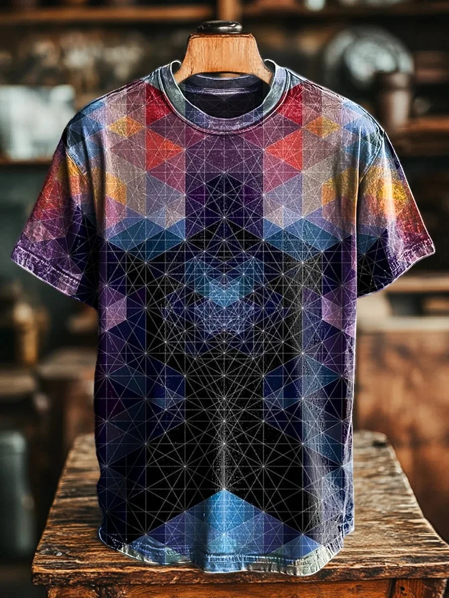 Eagerlys Unisex Vintage Rainbow Color Geometric Art Print T-shirt Eagerlys