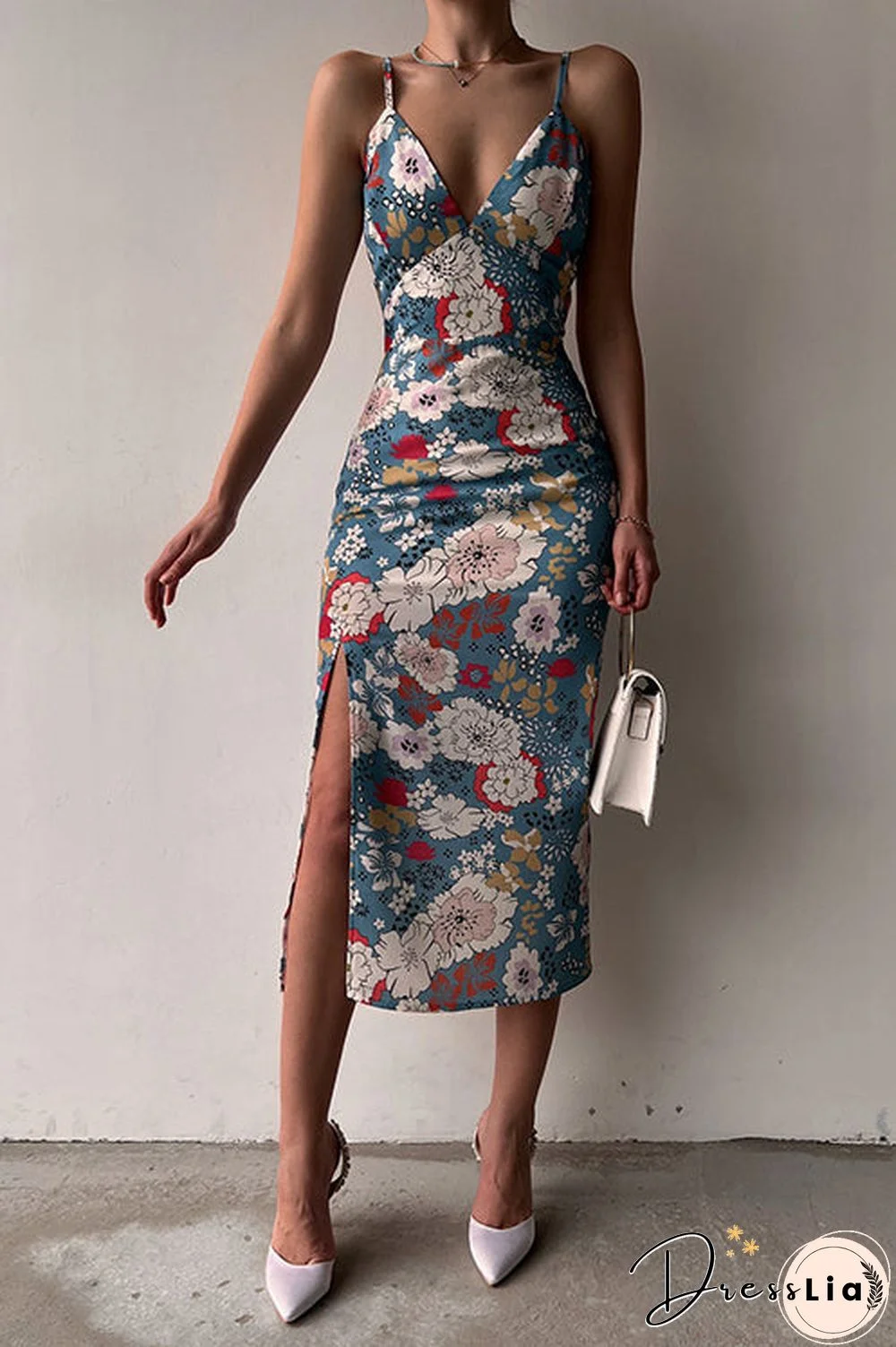 Floral Lace Back Slip Slit Slim Dress