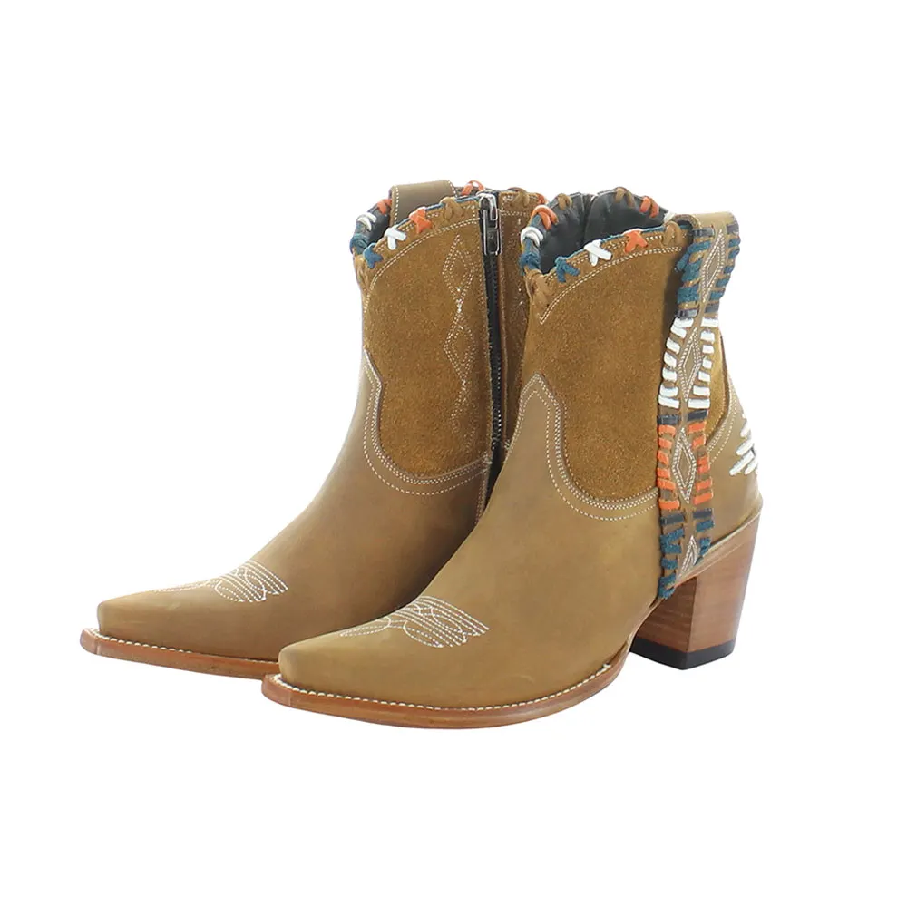 Brown Snip Toe Chunky Heel Zipper Embroidery Western Boots for Women