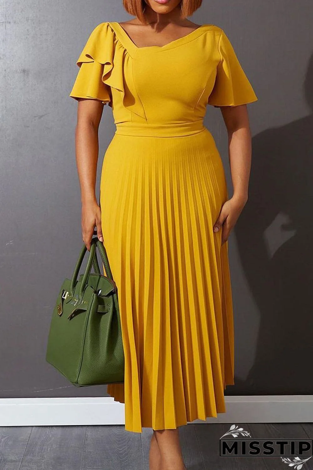 Green Casual Solid Patchwork Flounce Fold Asymmetrical Collar Straight Dresses