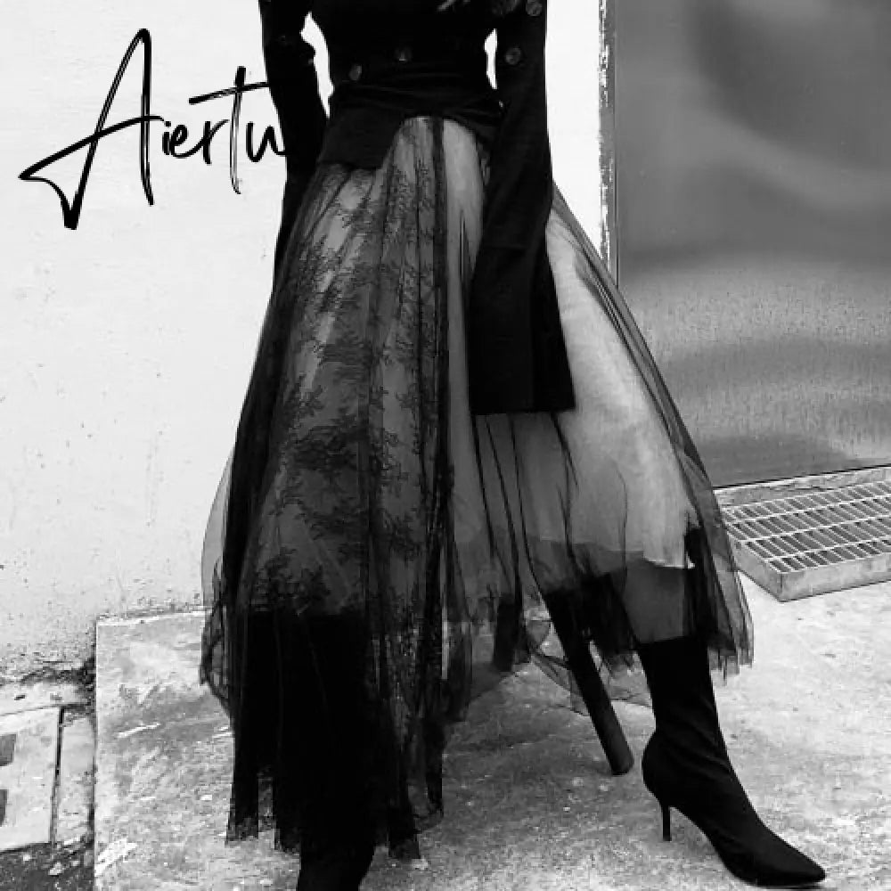 Harajuku Dark Style Mesh Chic A-Line Women Skirts Punk Style Ulzzang Lace Fashion Patchwork Faldas Mujer High Waist Skirt Female Aiertu
