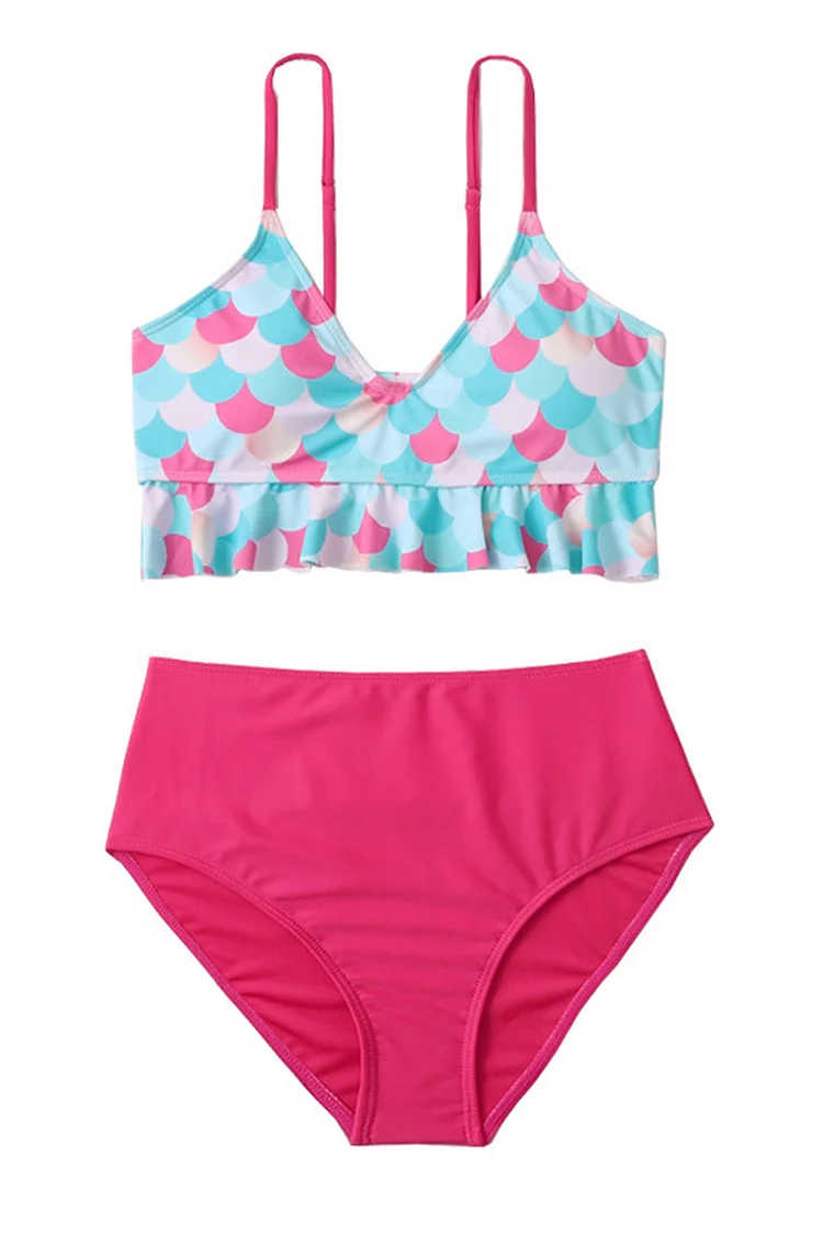 1950s Magenta Vacation Ruffle Pattern Print Two Pieces Swimsuit Set