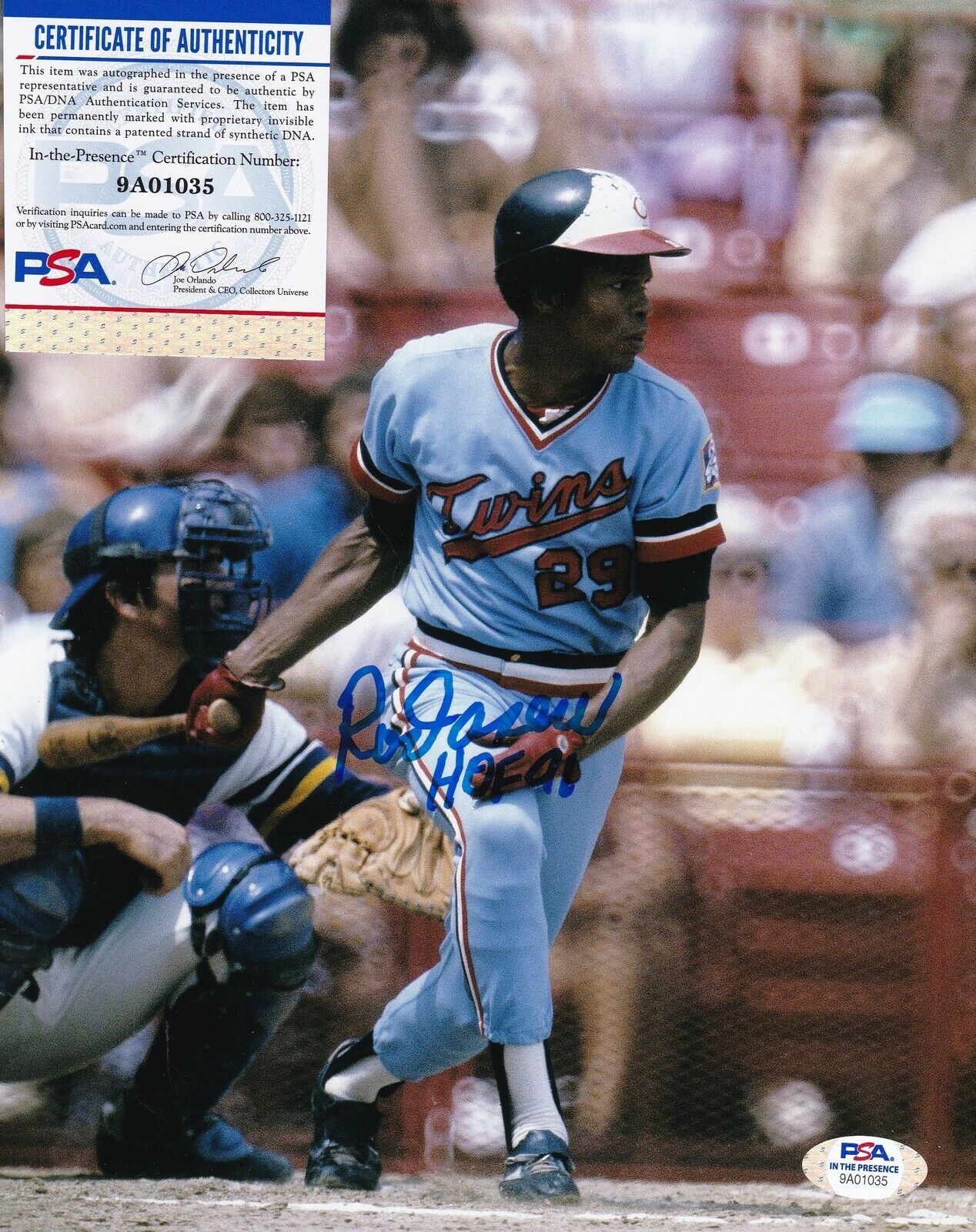 ROD CAREW MINNESOTA TWINS HOF 91 PSA/DNA AUTHENTICATED ACTION SIGNED 8x10