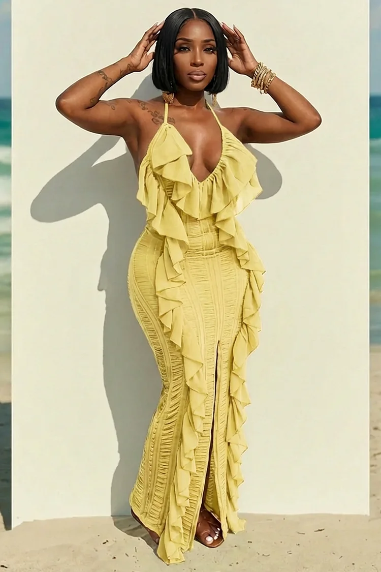 Halter Backless Ruffle Trim Slit Slim Fit Maxi Dresses-Green [Pre Order]