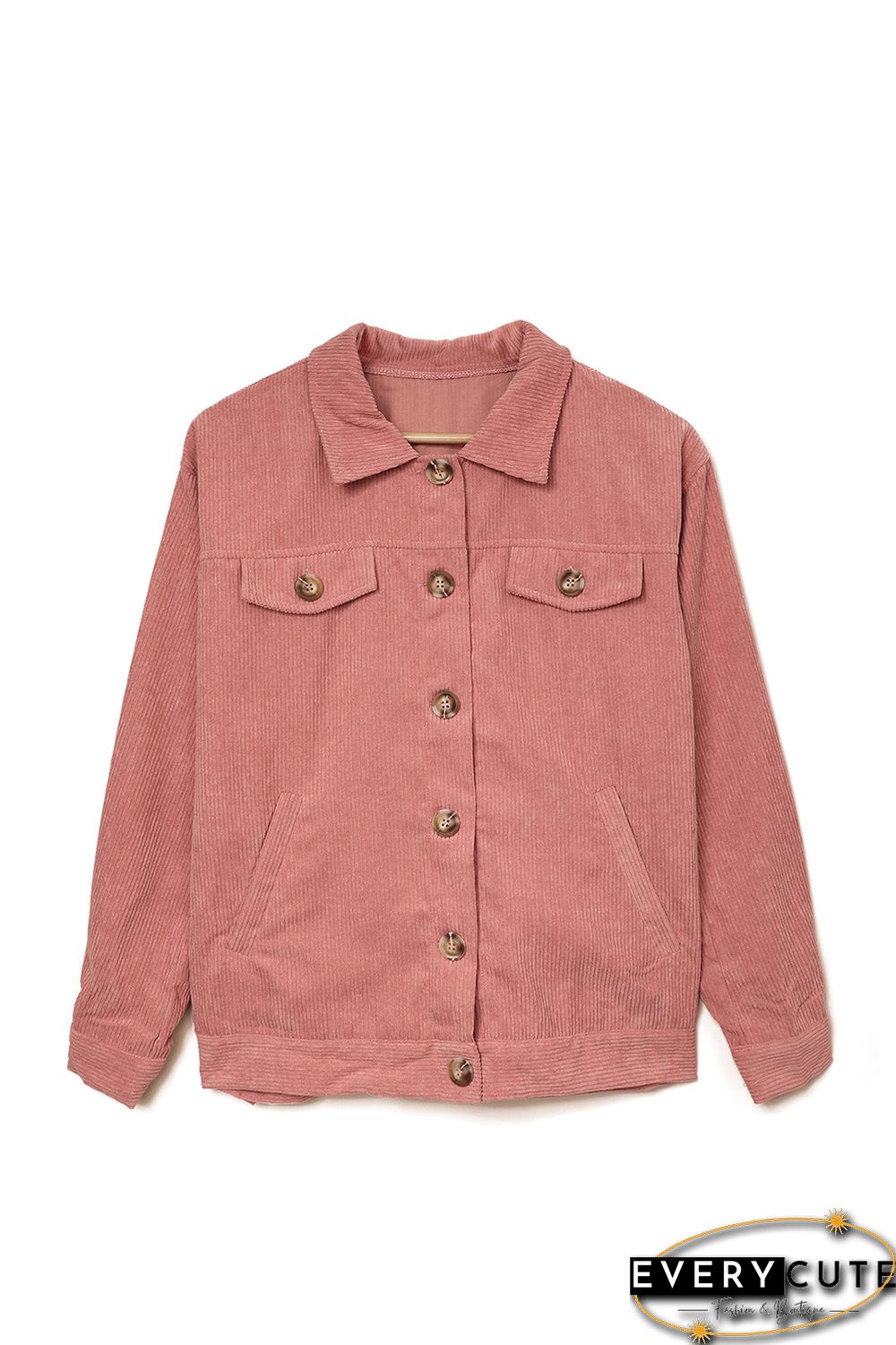 Pink Ribbed Corduroy Long Sleeve Jacket with Pocket