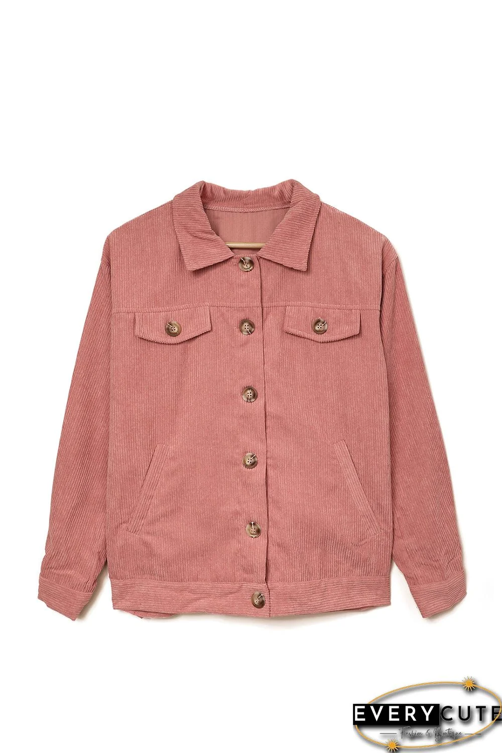 Pink Ribbed Corduroy Long Sleeve Jacket with Pocket