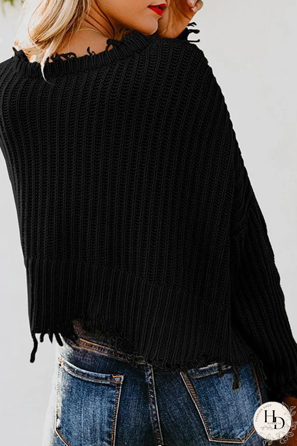 V-Neck Fringed Long-Sleeved Sweater
