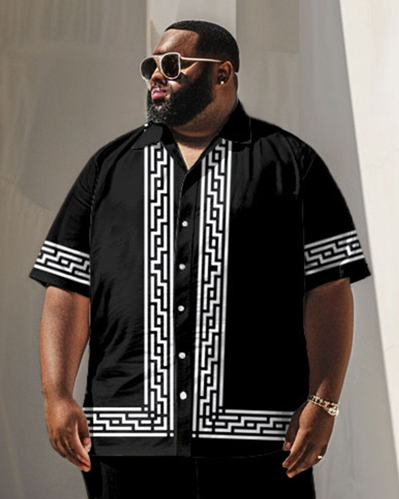 Men's Big and Tall Business Simple Greek Key Geometric Print Short Sleeve Shirt Set