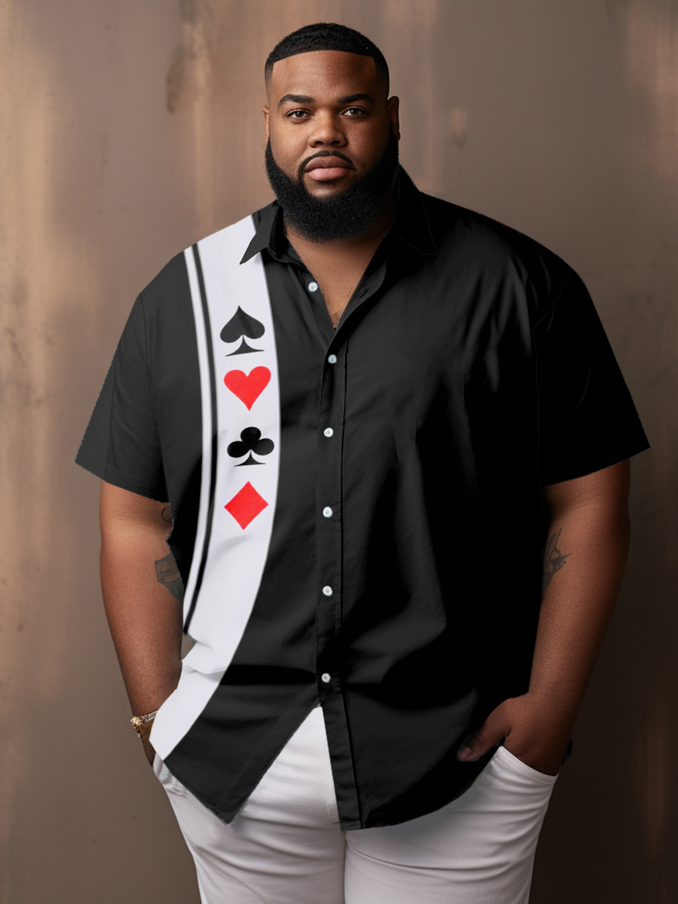 Men's Plus Size Black Striped Poker Print Short Sleeve Shirt