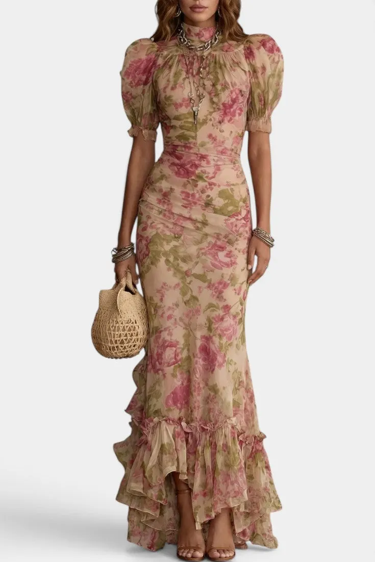 High-Neck Floral Maxi Dress with Puff Sleeves & Ruffled Hem