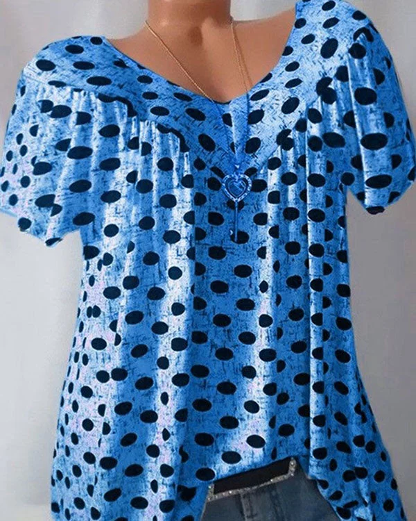 Plus Size Polka Dot Short Sleeve V Neck Blouses for Women