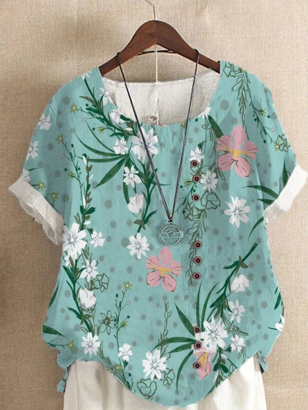 Women's Round Neck Short Sleeve Floral Print Casual Top T-Shirt