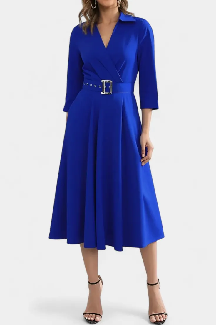 Structured Wrap Midi Dress with Belt Accent