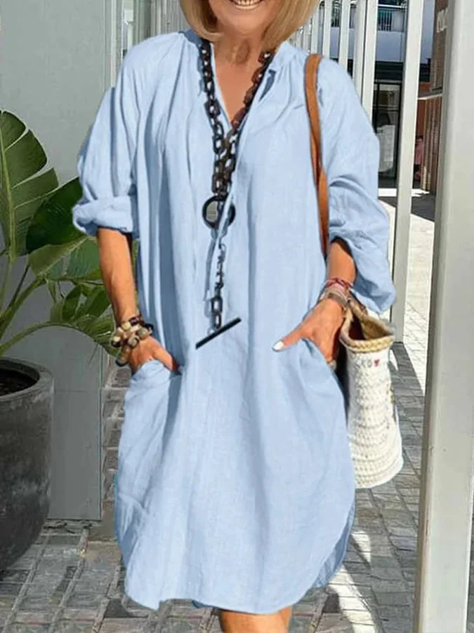 Women's Casual Solid Color Loose And Comfortable Cotton And Linen Shirt Dress