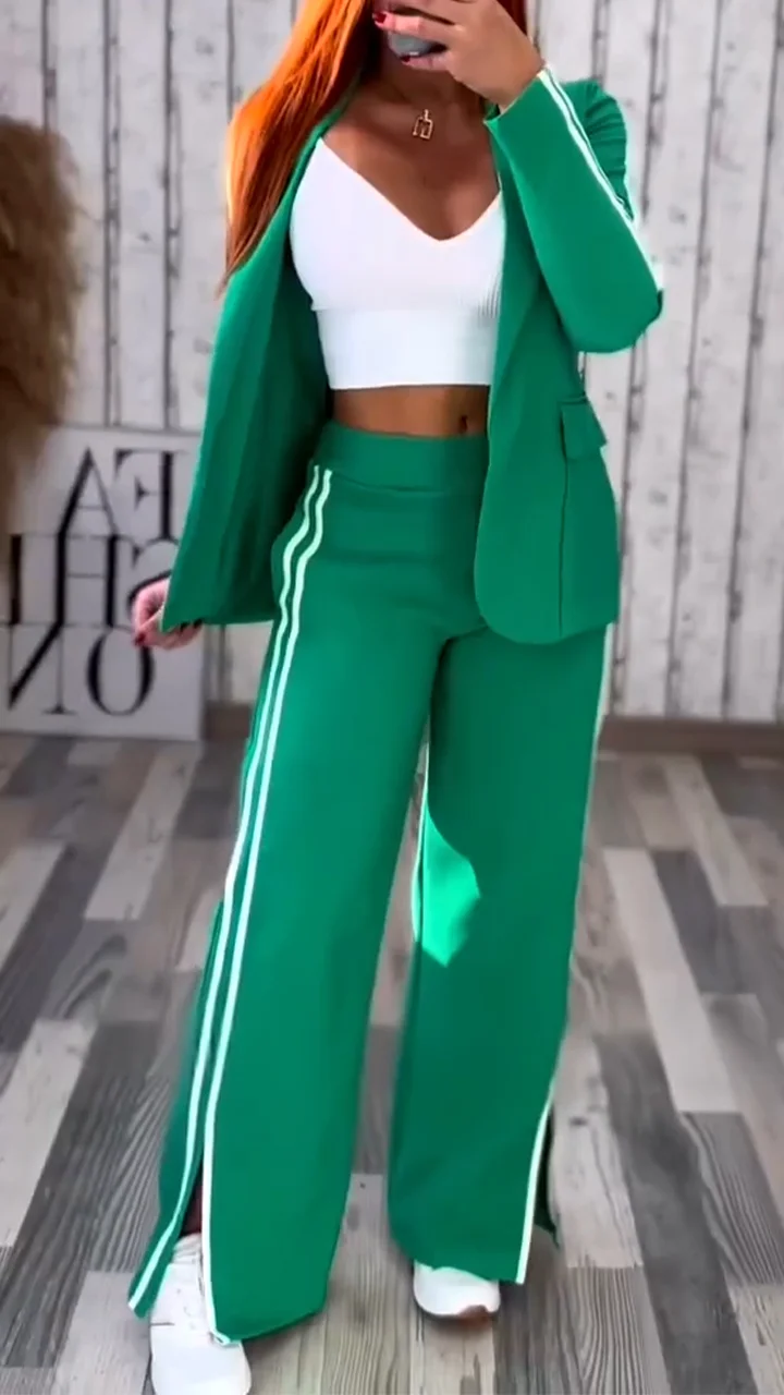 Women's Lapel Top + Slit Trousers Striped Casual Suit