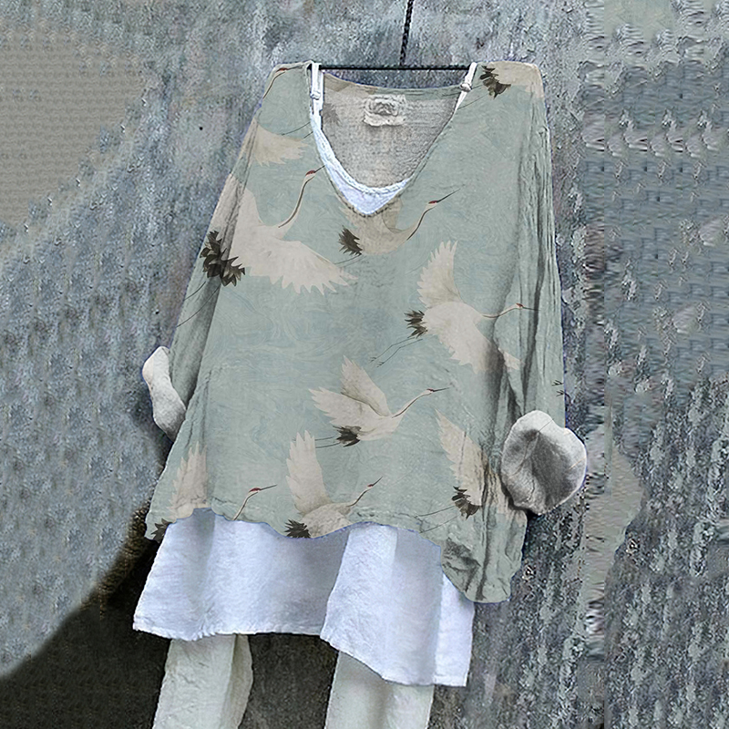 Japanese Art Crane Print V-Neck Loose Blouse wearshes