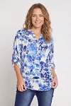 Front view of elegant blue floral embroidered henley top for women