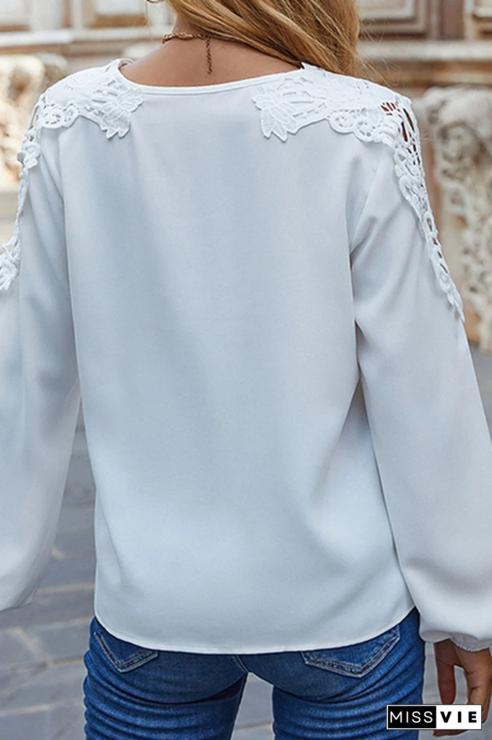 Casual Patchwork Lace Hollowed Out V Neck Tops