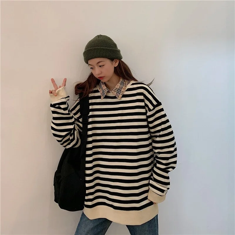 Hoodies Women Harajuku Patchwork stripe cotton Hoodie Korean Clothes spring autumn long sleeve loose thin Sweatshirt kpop Tops