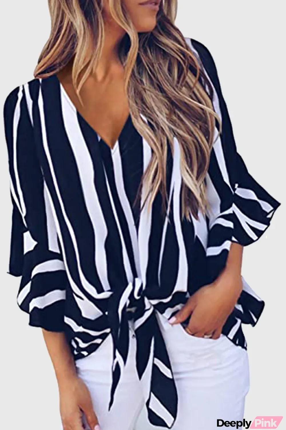 Casual Striped Strap Design V Neck Tops(4 Colors)