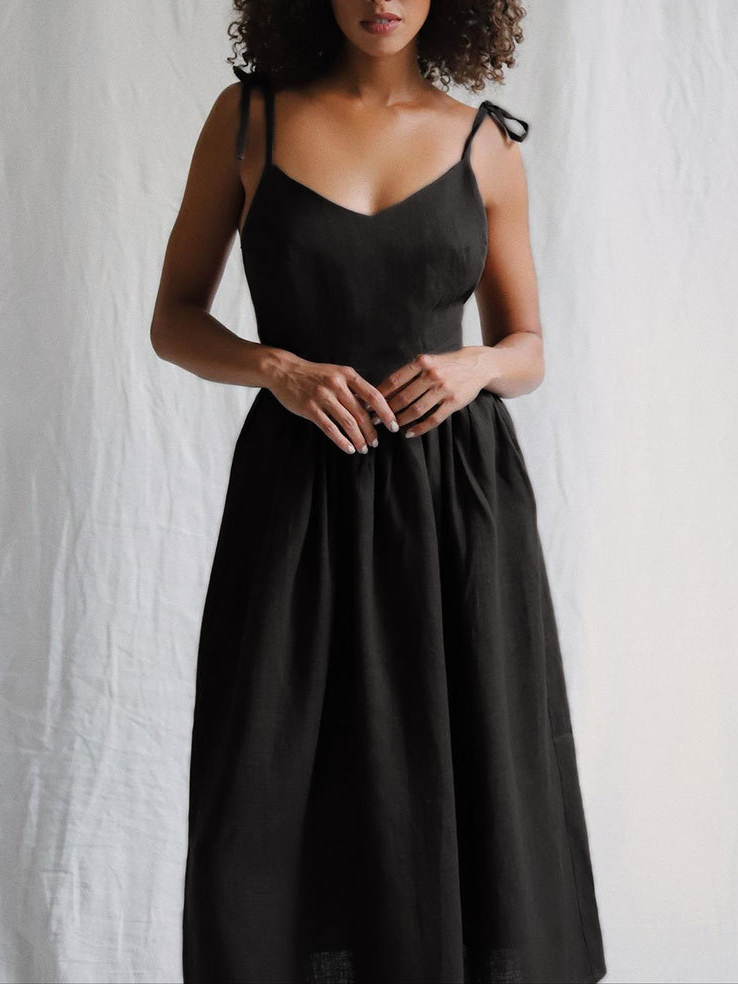 Linen Solid Halter Long Dress