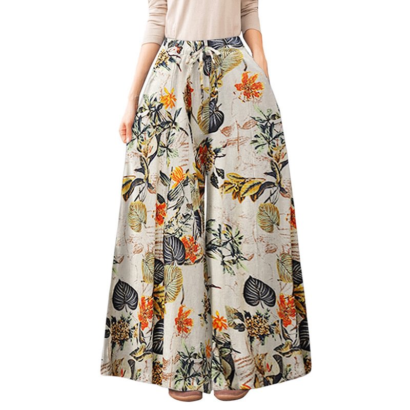 Large Size Women's Loose Wide-leg Pants Cotton And Printed Casual Trousers