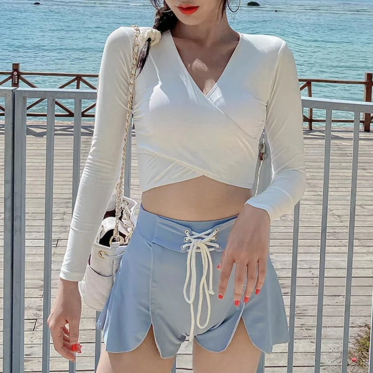 Two Pieces Casual Crop Top Shorts Swimsuit Set - Modakawa Modakawa