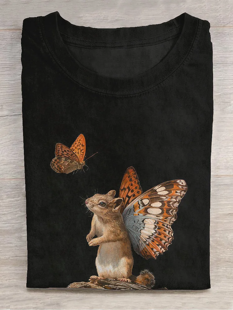 Unisex Squirrel with Butterfly Wings Fun Casual Print Crew Neck T-Shirt