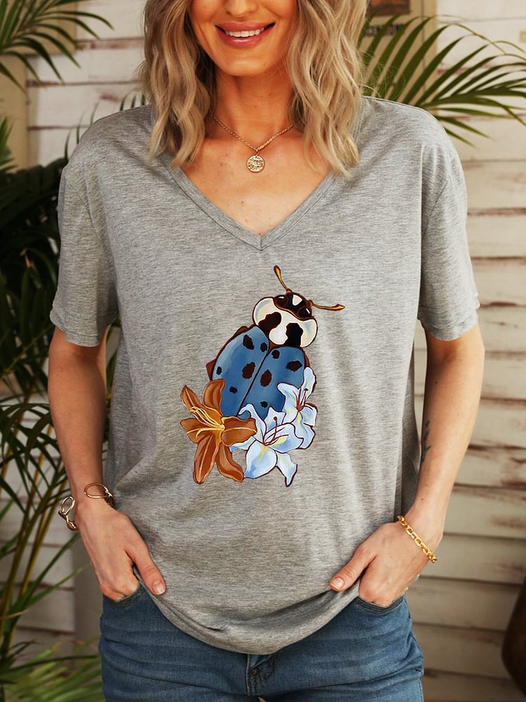 Bestdealfriday Beetle With Several Lilies V Neck Graphic Tee