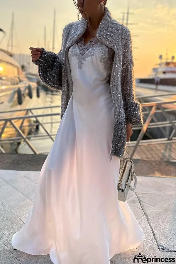 Warm Shining Heart Knit Sequin Balloon Sleeve Zipper Neck Loose Cardigan