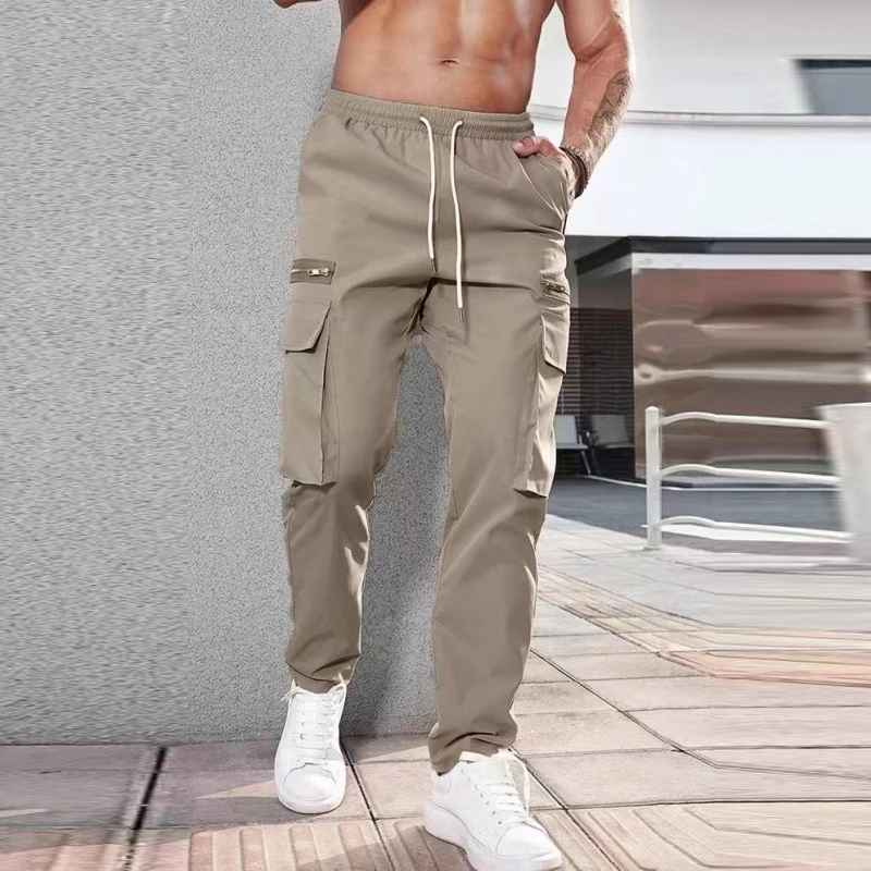 Weddellobese New Spring Men's Solid Color Jogging Pants Slim Drawstring Pants Streetwear Men New Casual Patch Pockets Design Trousers