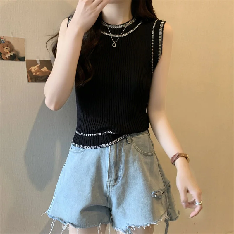 Uveng Uveng And Spicy Short Black Sexy Vest Women's Summer New Casual Round-Neck T-Shirt Thin Sleeveless Top