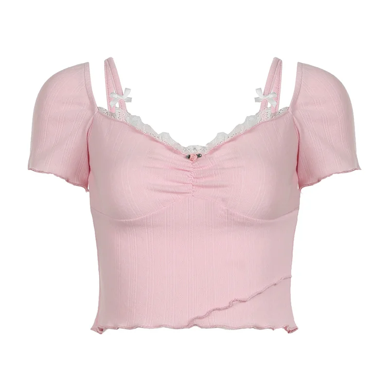 Ueong And Spicy Girls Hit Color Lace Square Necktie Bow Knot Stitching Girl's Pleated Knitted Short-Sleeved Blouse