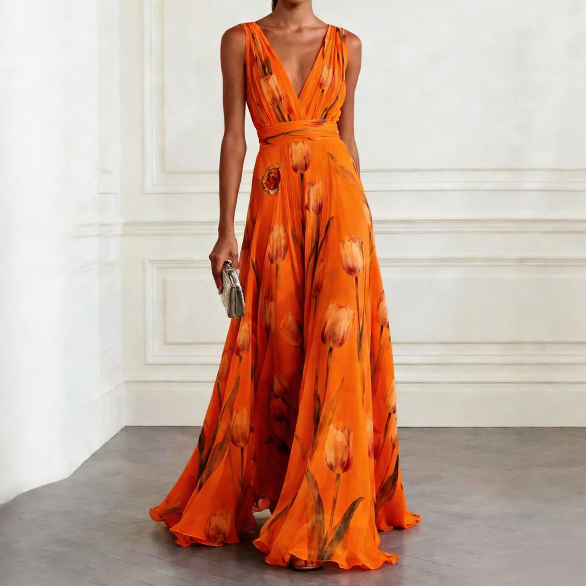 Tulip Print Sleeveless V-neck Maxi Dress elevenforest
