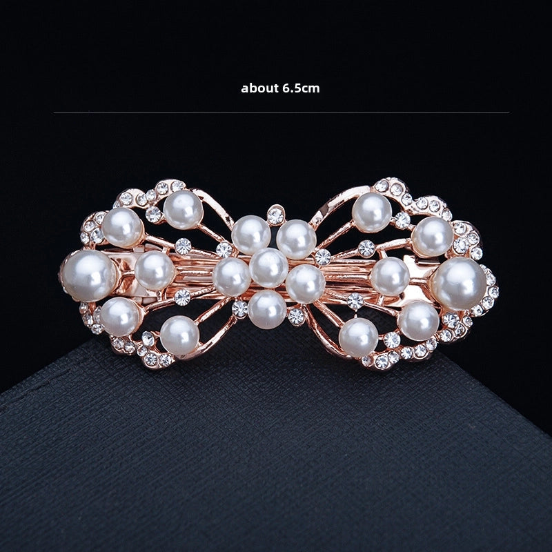 Korean Hair Accessories Rhinestone Bow Simple Hairpin Adult Pearl Horizontal Clip Ponytail Clip Top Clip Spring Clip Small