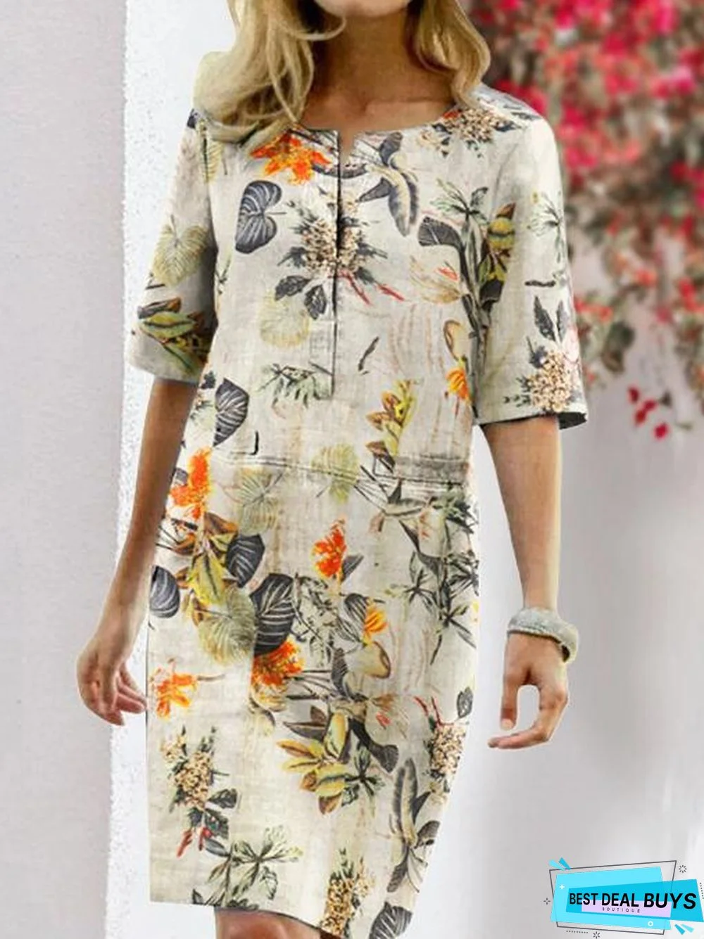 Printed Round Neck Half Sleeve Dress with Flowers