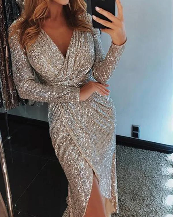 Women Sequined Long Sleeve V-Neck Plus Size Party Dress