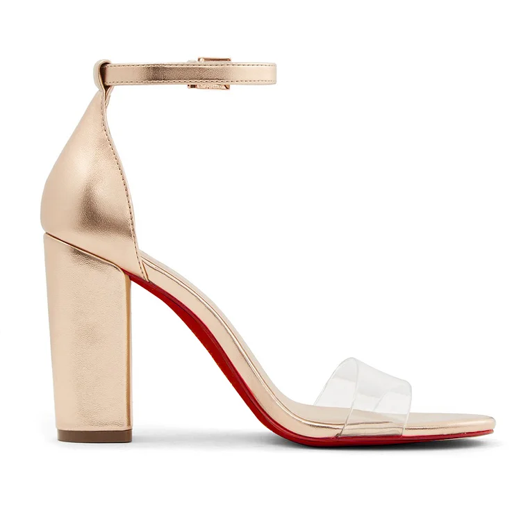 90mm Women's Transparent Open Toe Shoes Ankle Strap Block Heel Red Sole Sandals VOCOSI VOCOSI