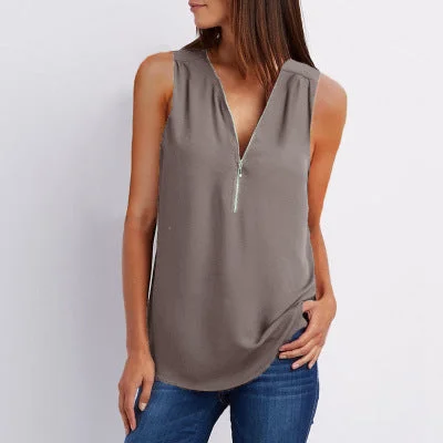 V-neck zipper sleeveless loose chiffon tank top