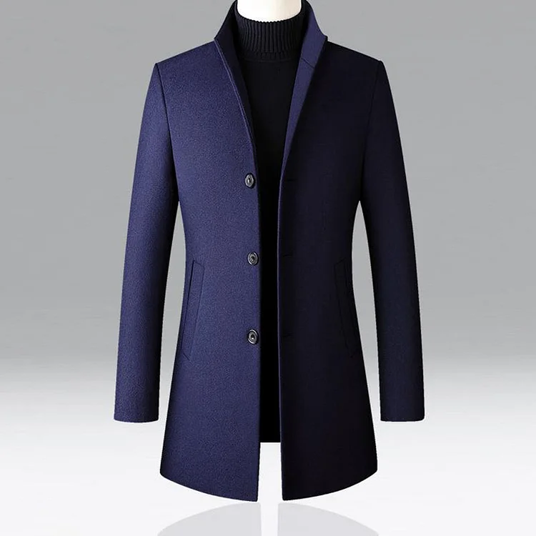 BrosWear Men's Simple Stand Neck Grey Single Breasted Woolen Coat