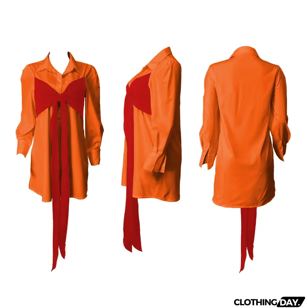 Contrast Colot Bow-Tie Long Sleeve Shirt Dress