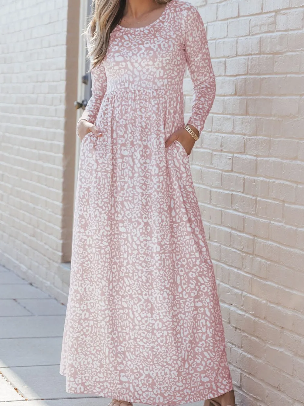 Leopard Print High Waist Maxi Dress with Long Sleeves and Pockets