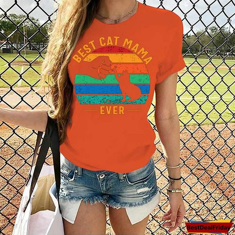 Cool Beat Cat Mama Ever Print T-shirts For Women Summer Fashion Casual Short Sleeve Round Neck Tops Ladies T-shirt