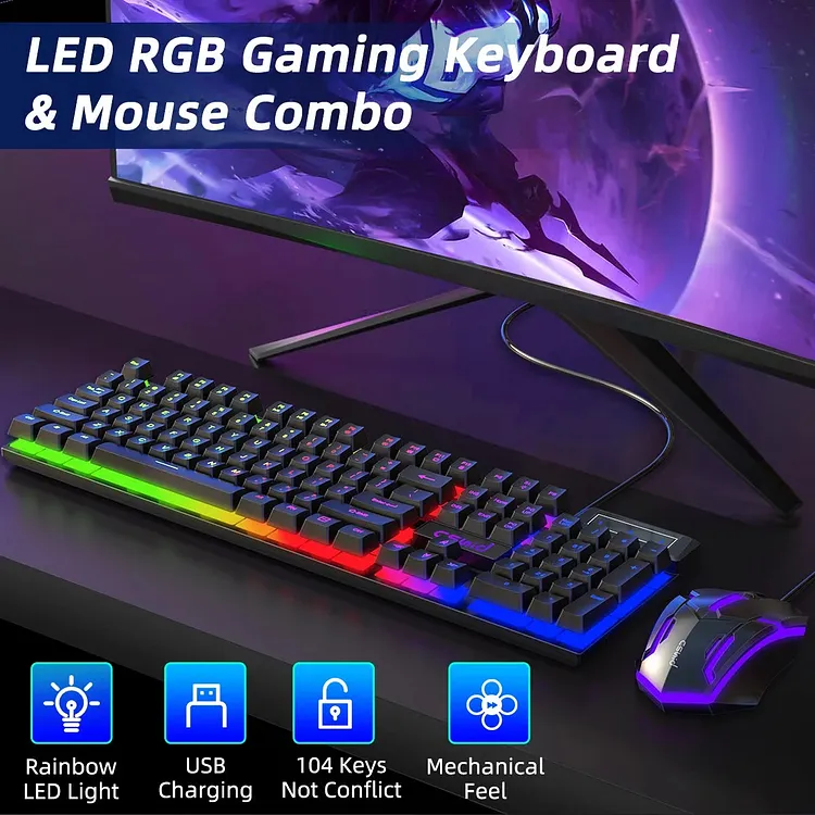 Wired Keyboard & Mouse Combo, RGB Backlit Mechanical Gaming Keyboard Mouse W/ Multimedia Keys, Anti-ghosting Keys, Spill-Resistant for Windows PC Gamers Mac Laptop