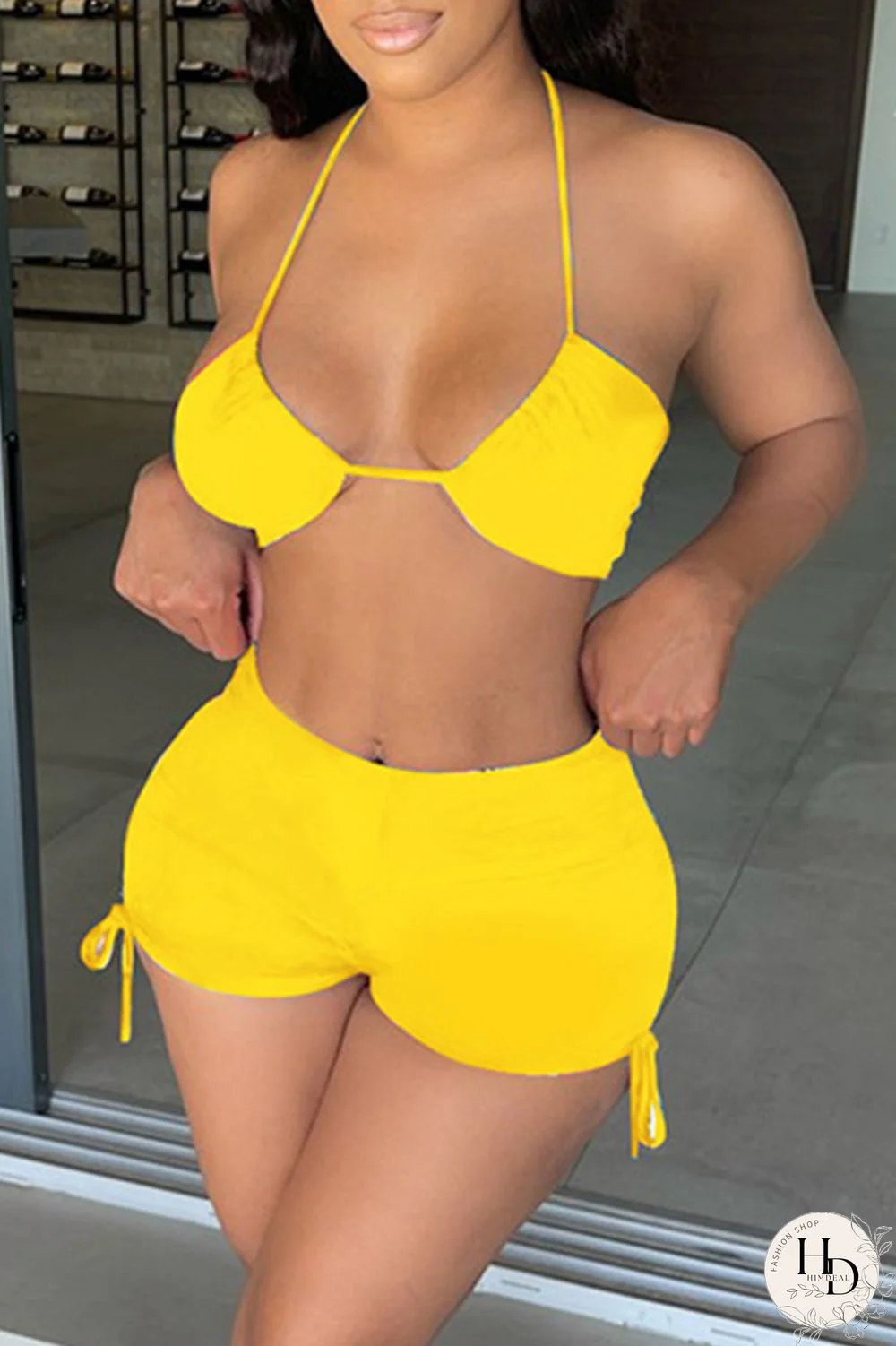 Black Fashion Sexy Solid Backless Halter Sleeveless Two Pieces